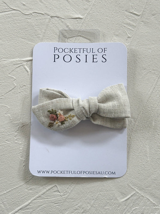 Floral embroidered Stone Linen Evie Bow clip