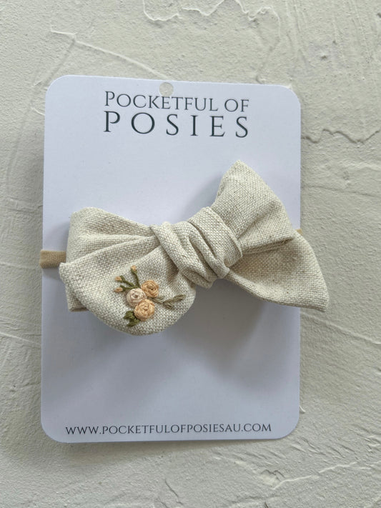 Floral embroidered Stone Linen Evie Bow headband