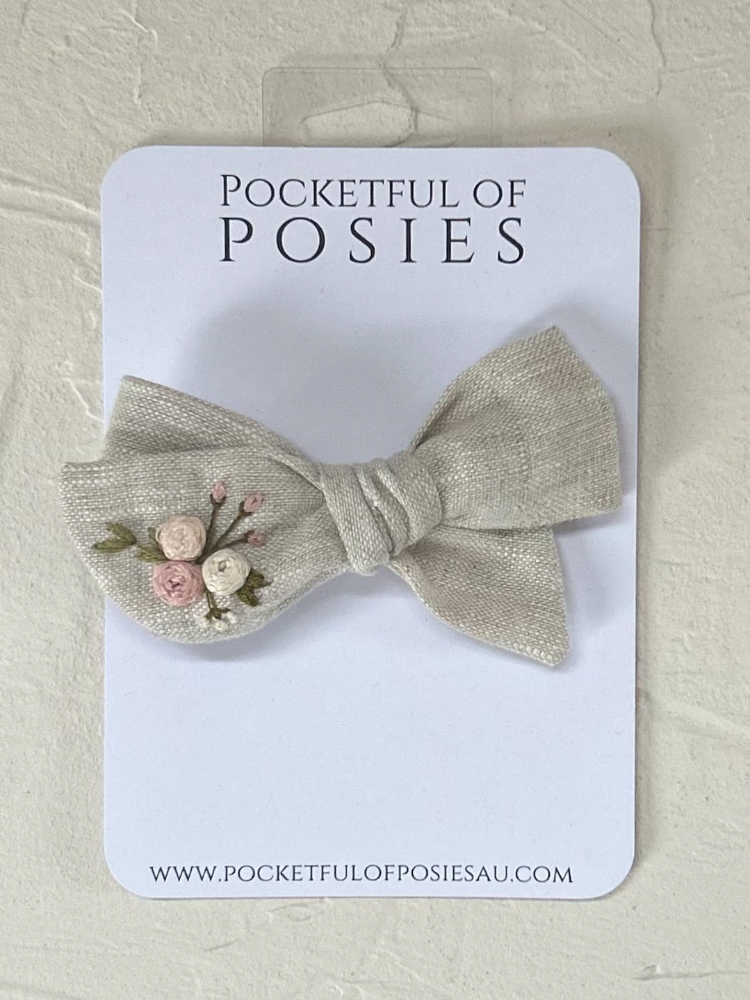 Stone Linen Evie Bow with Pink Roses