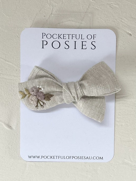 Stone Linen Evie Bow with Purple roses 2