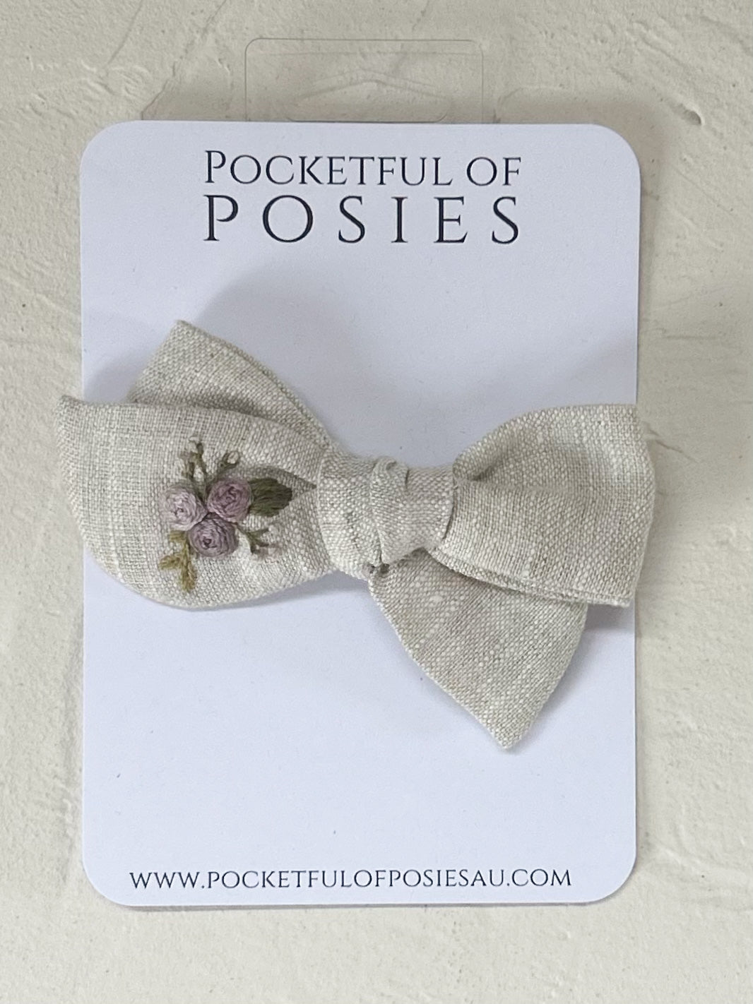 Stone Linen Evie Bow with Purple Roses