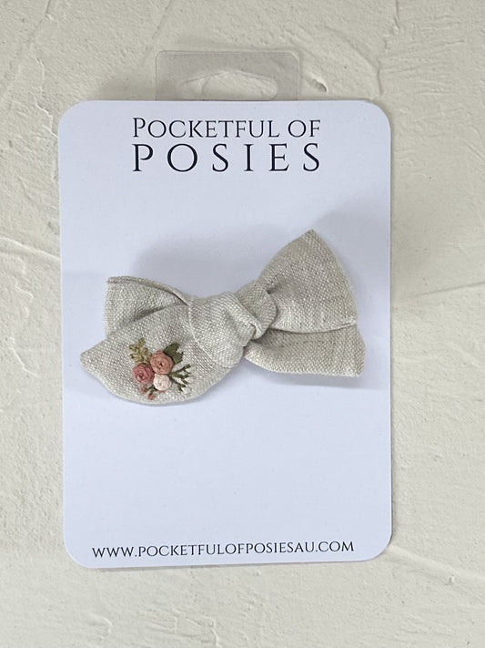 Stone Linen Mini Evie Bow with earthy pink roses