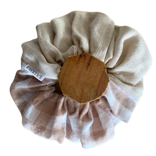 Nude Linen and Gingham Scrunchie